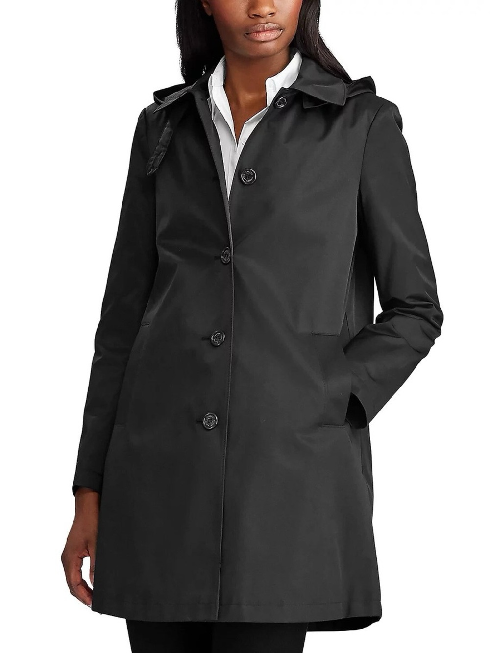 Calvin Klein Black Hooded Button-Front Trench Coat
